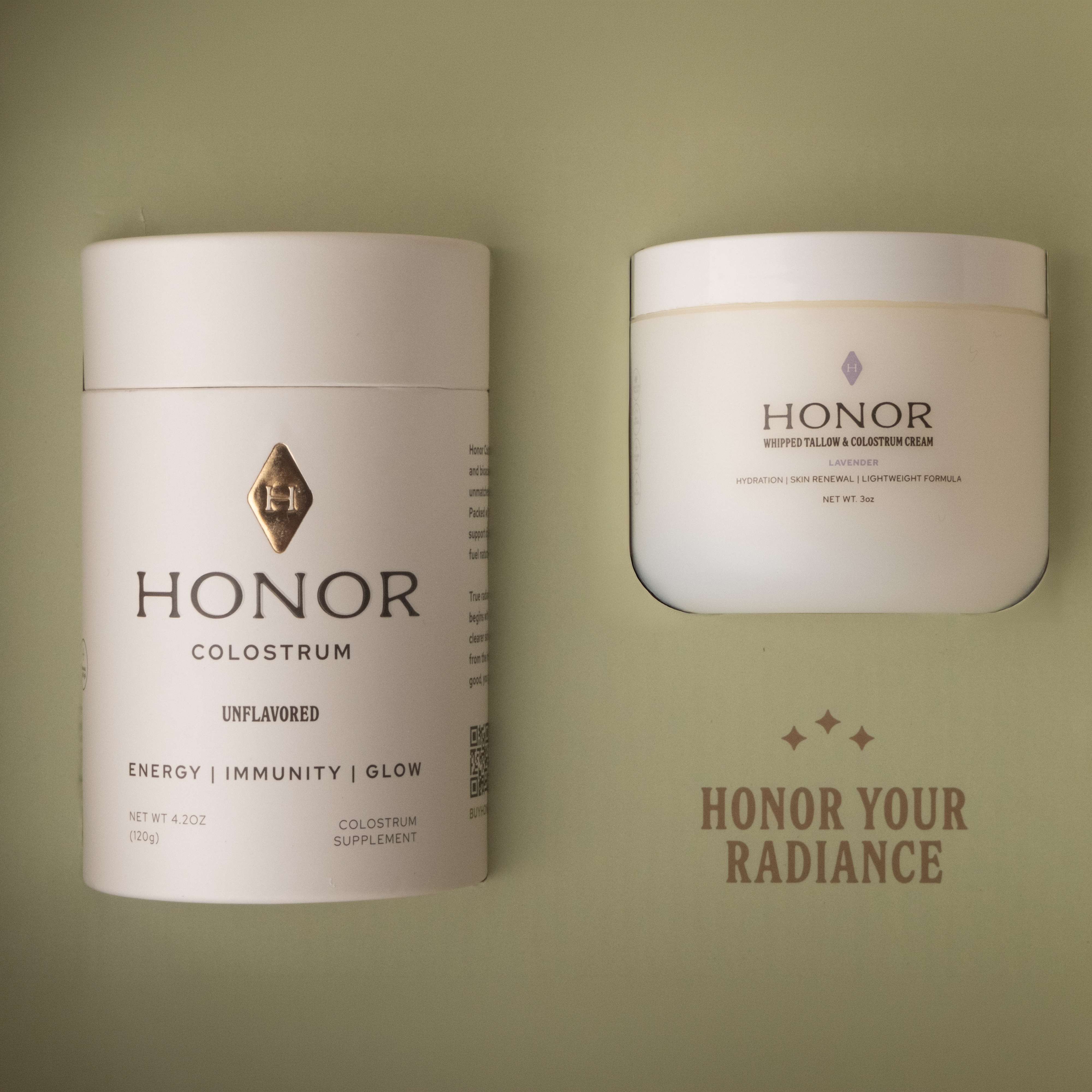 Honor Colostrum and Whipped Tallow flat-lay above the words Honor Your Radiance